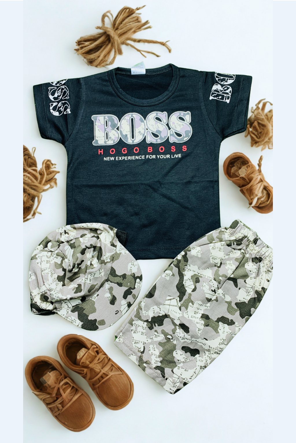 Boss Kids Summer Suits Shorts And T-Shirts Set With Cap From 1 Year to 4 Years